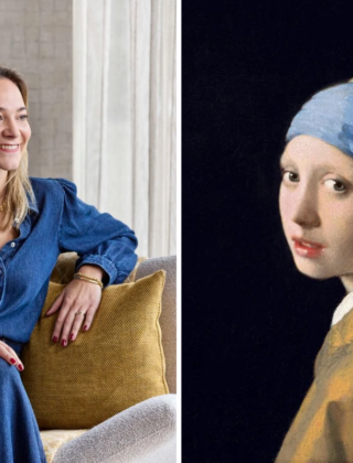 Isabelle Aberson van Eijffinger naast Meisje met de parel van Johannes Vermeer