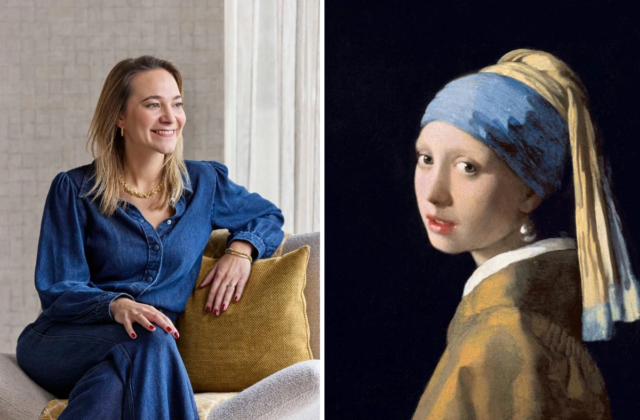 Isabelle Aberson van Eijffinger naast Meisje met de parel van Johannes Vermeer