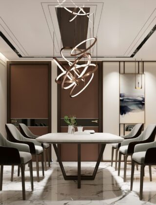 Designhanglamp boven een eettafel in een warm ingerichte woonkamer