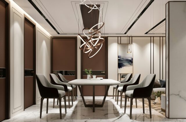Designhanglamp boven een eettafel in een warm ingerichte woonkamer