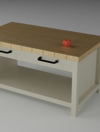Keuken met een vrijstaande houten werktafel in het midden in plaats van een kookeiland