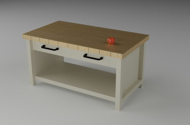 Keuken met een vrijstaande houten werktafel in het midden in plaats van een kookeiland