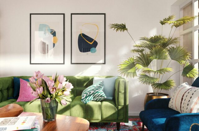 Woonkamer met een mix van vintage en nieuwe meubels en een gekleurde muur